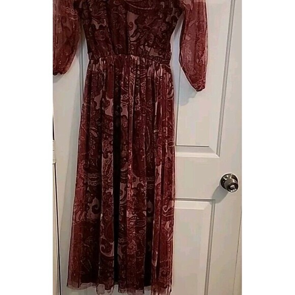 Candalite Burgandy Dress Small Maroon  Sheer Bohemian Red Cottage Core Maxi - Picture 7 of 8
